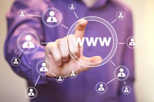 Businessman pushing virtual button www icon